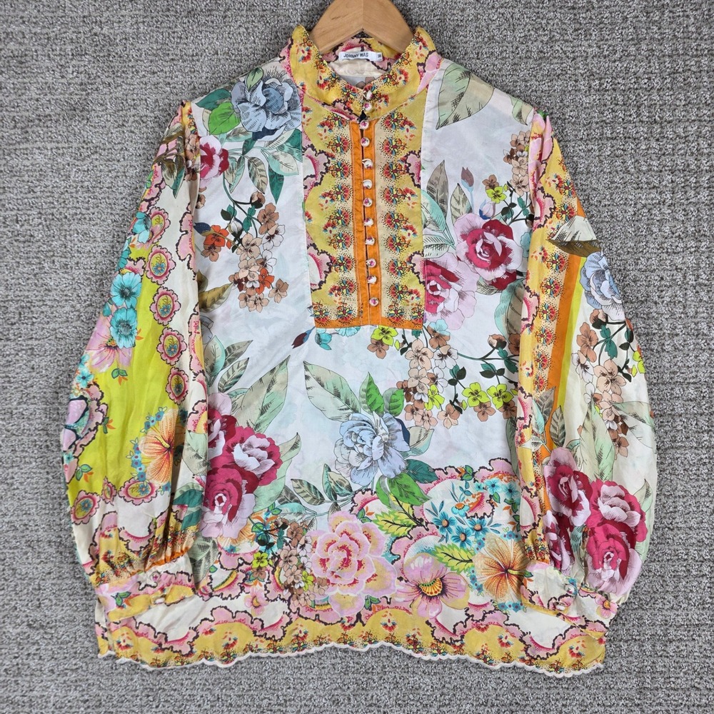Johnny Was Womens Rossy Abby Silk Floral Print Blouse Size M Multi Color Boho